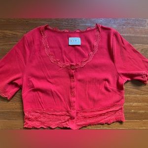 lovefool cropped red sweater top lace trim | XL